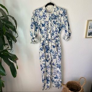 Anthropology Blue and White Floral jumpsuit